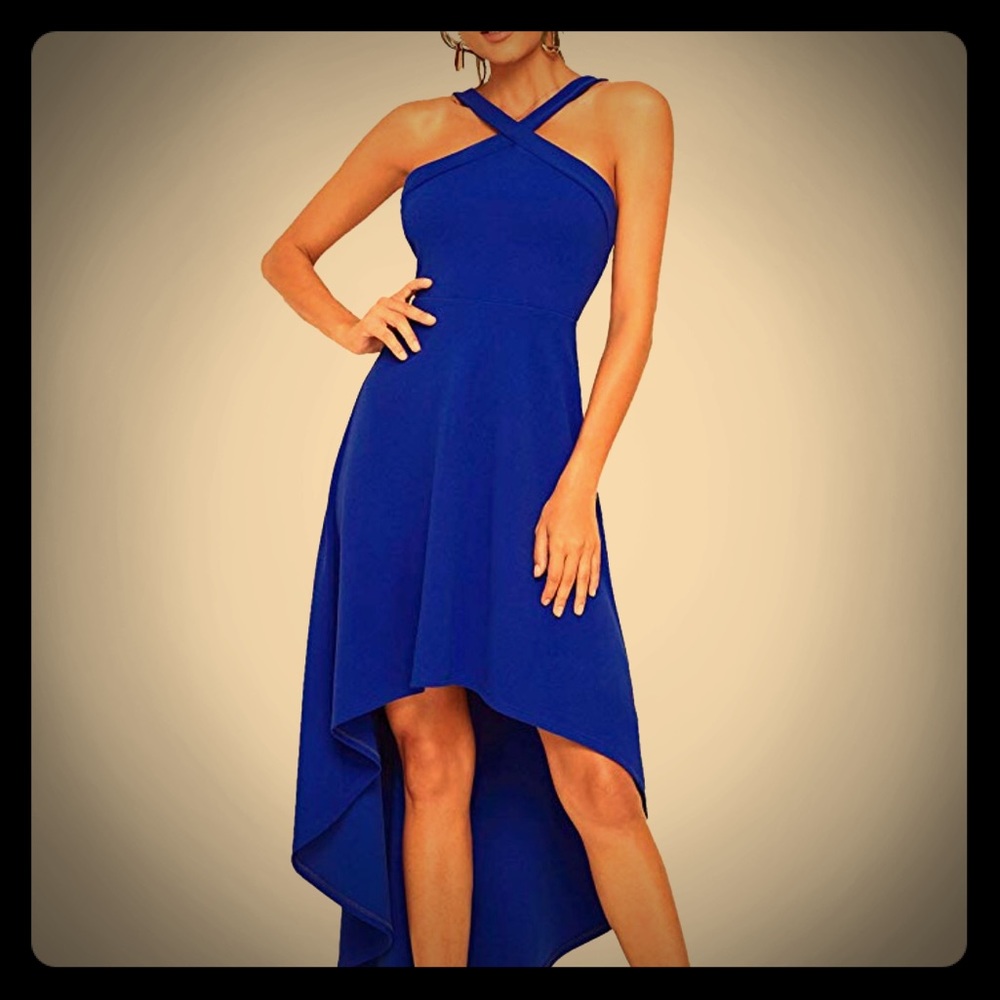 Royal blue high low cross cross halter dress